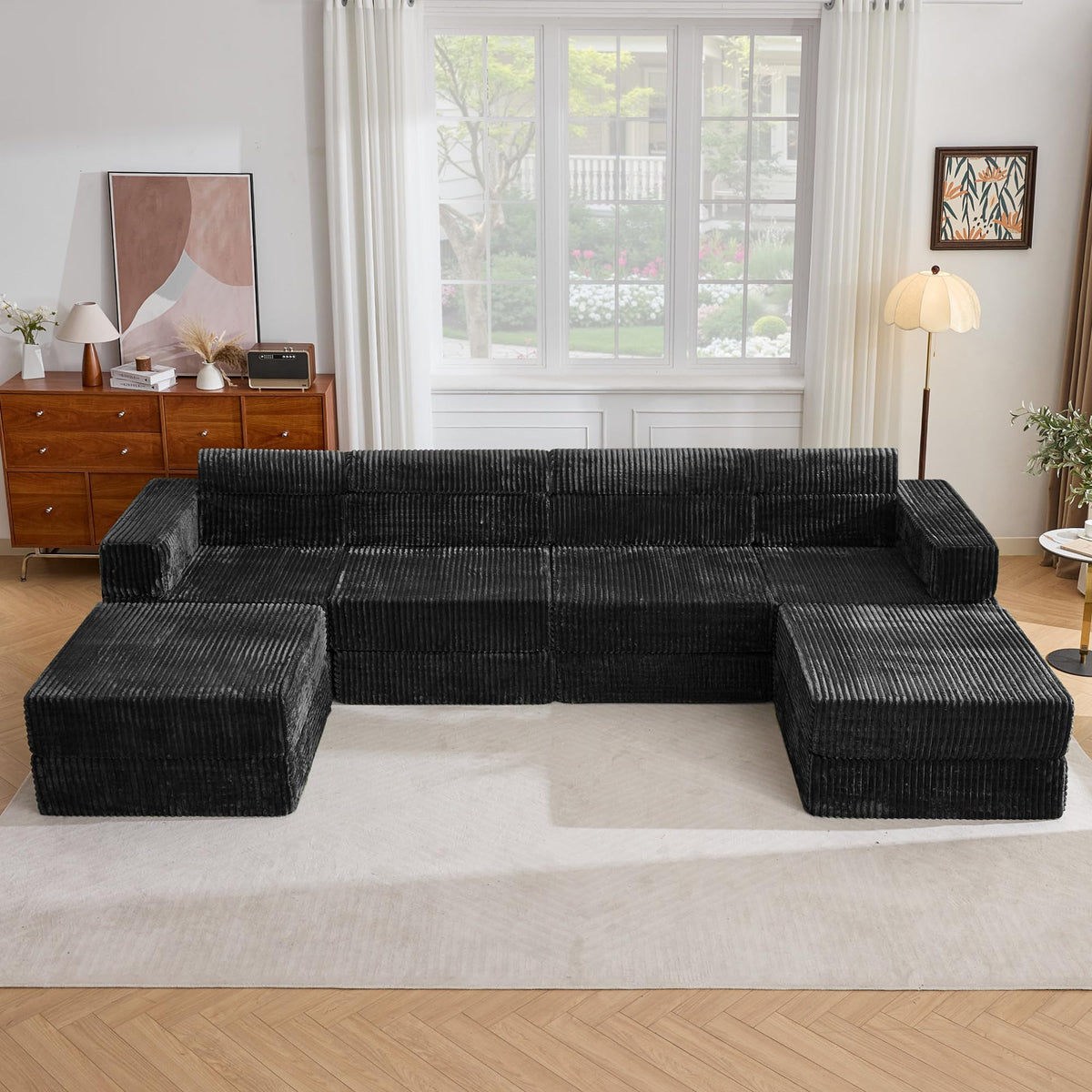 Tbfit 142” Modular L Shaped Sectional Boneless Couch, Convertible Futon Sofa Bed, Corduroy Cloud Mattress Sleeper Sofa, Comfy Folding Upholstered Floor Couches for Living Room, Bedroom, Beige