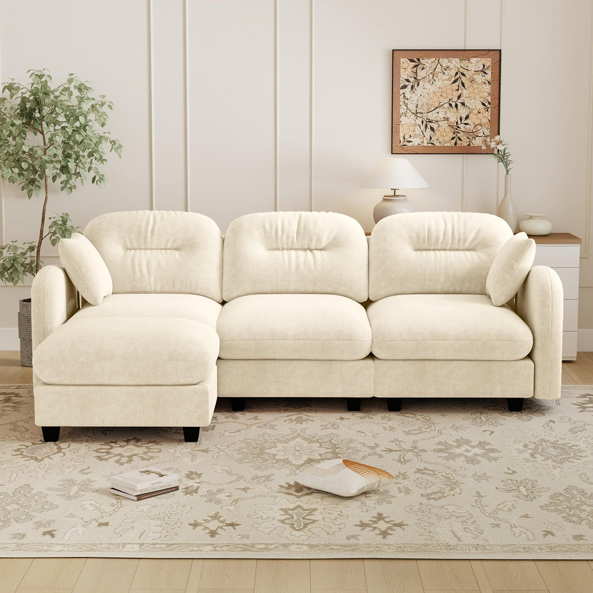 107-Inch L-Shaped Modular Convertible Sectional Sofa W/Removable Ottoman Chaise, Modern Chenille Upholstered Corner Cloud Couches 4 Seat Sectional Sofa for Living Room
