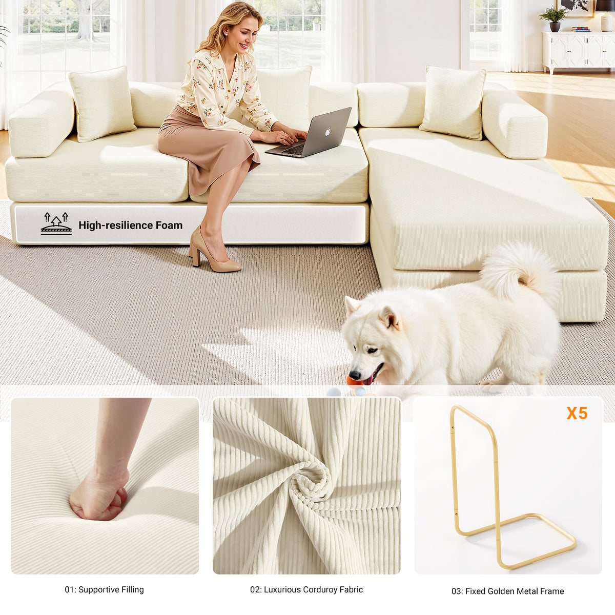 108" Convertible Folding Sofa Bed, L Shaped Modular Sectional Couchs with Fixed-Shape Frame, Corduroy Boneless Couch Bed, Cloud Mattress Sofa Sleeper Couch for Living Room (Beige, 108" W)
