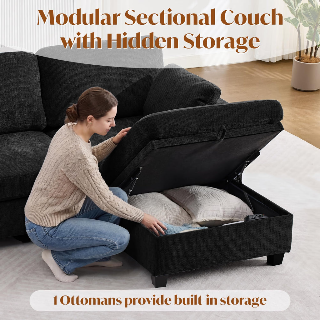 URRED 106" Modular Sectional Sofa with Storage, Convertible U Shaped Couch with Movable Ottoman, 5 Seat Modern Chenille Sectional Sofa for Living Room (Black, 106'')