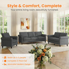 Living Room Sofa Sets 3 Piece, Modern 3 Seater Sofa and Loveseat Couch and Armchair Sets, Linen Fabric 3-Seat + 2-Seat Couch+ Single Accent Chair Furniture Sets