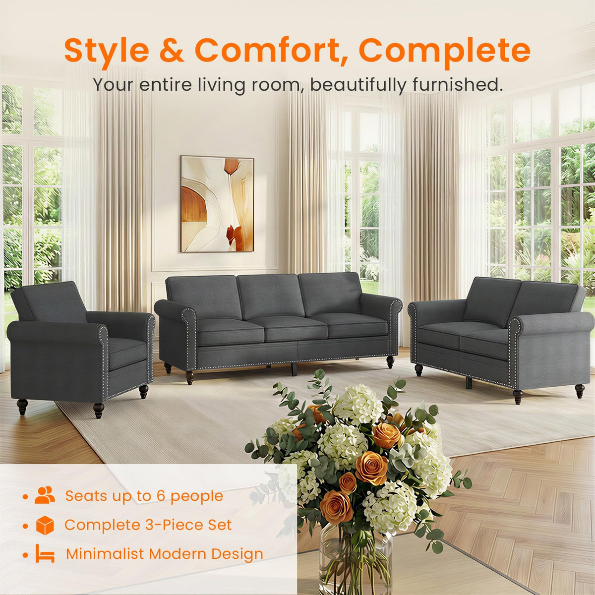 Living Room Sofa Sets 3 Piece, Modern 3 Seater Sofa and Loveseat Couch and Armchair Sets, Linen Fabric 3-Seat + 2-Seat Couch+ Single Accent Chair Furniture Sets