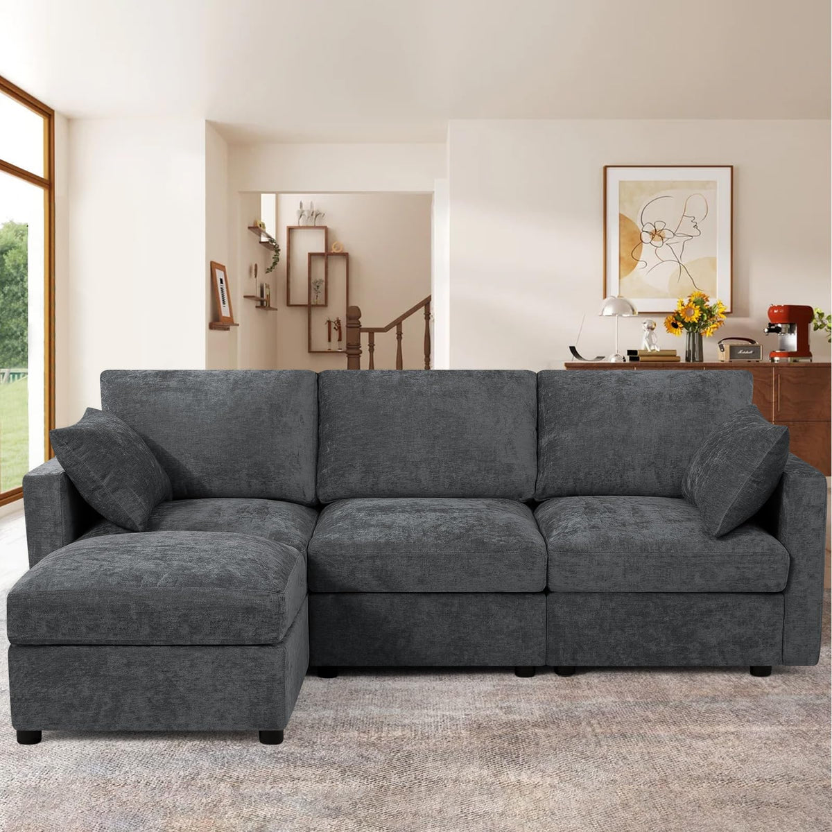 110" Chenille 4 Seats Couch with 2 Ottomans, Black