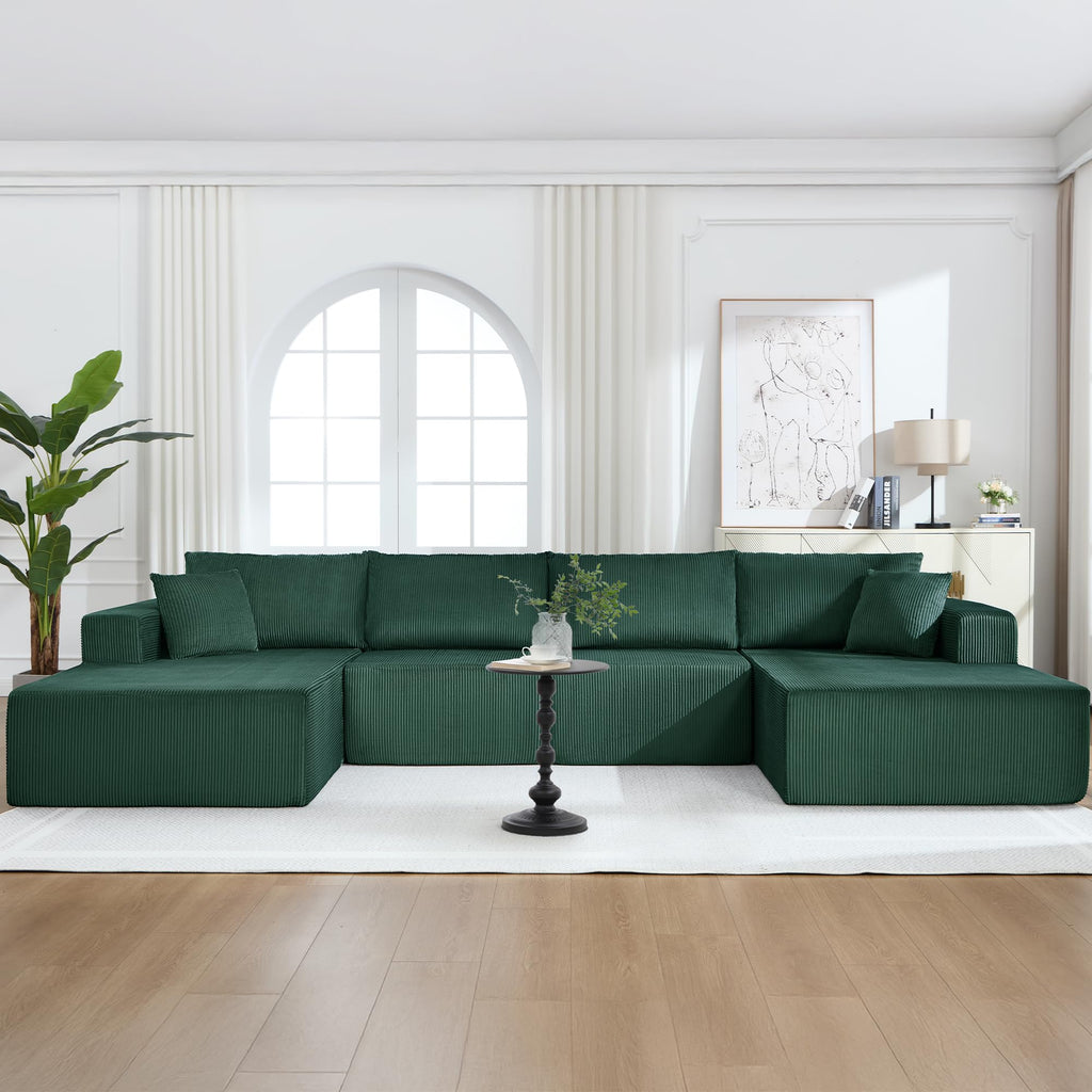 U-Shape Sectional Couch for Living Room,4 Seater Boneless Sofa Couch for Living Room Bedroom Apartments,146" Modular Sectional Corduroy Couch with Deep Seat,No Assembly Green