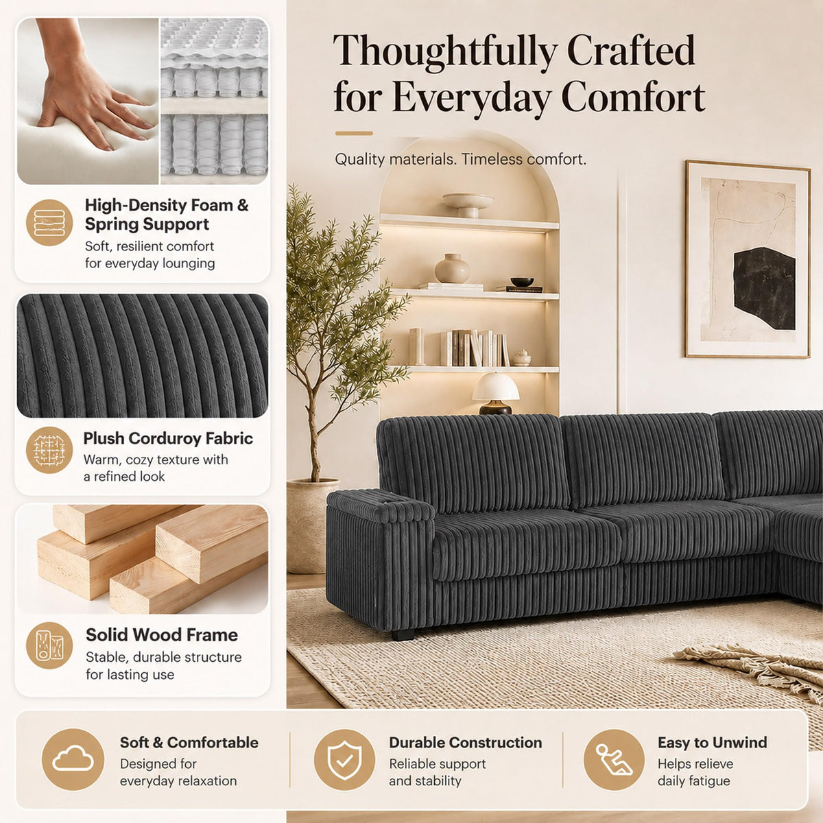 106'' Oversized Sectional Sofa Couch, Plush Corduroy V-Shaped Corner Couch with USB Charger, Armrest Storage and Cup Holders, Deep Seat Sectional Couches for Living Room, Grey