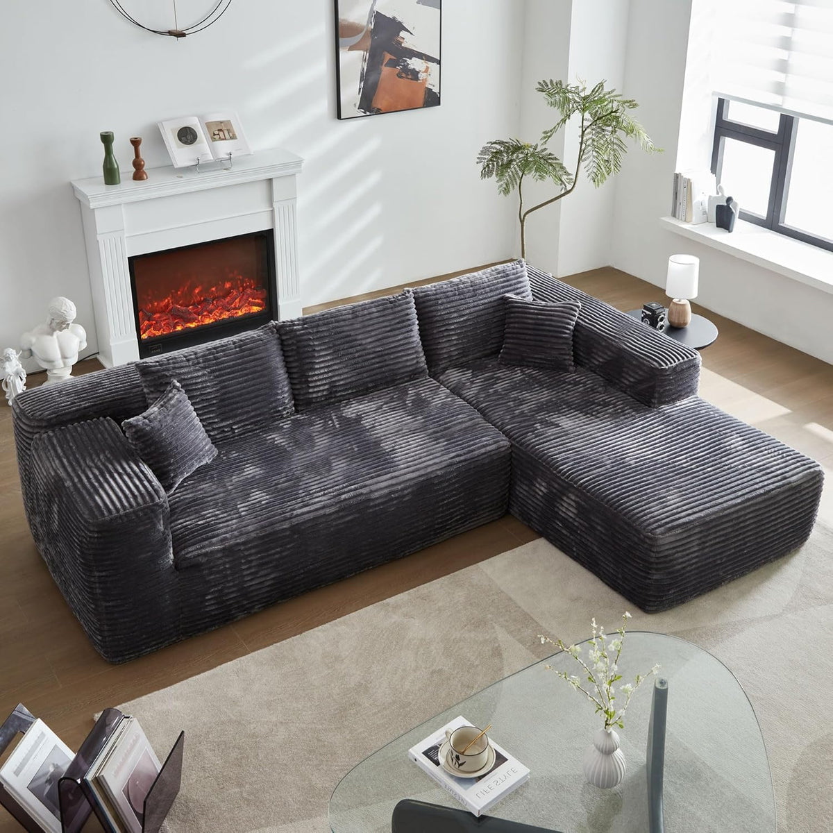 104" L-Shape Modular Sectional Sofa Couch,Comfy Upholstered Cloud Couch for Living Room,Modern Minimalist Couches,Deep Seat,No Assembly Required (Black,Plush Corduroy, Right Facing Chaise w/Ottoman)