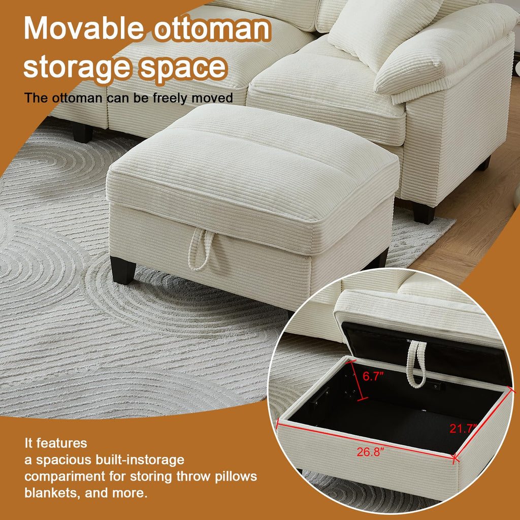 116 Inch Sofa Couch,Sectional Couches for Living Room with 2 Cup Holders,Corduroy Modular Sectional Sofa with Movable and Storable Ottoman.（Beige）