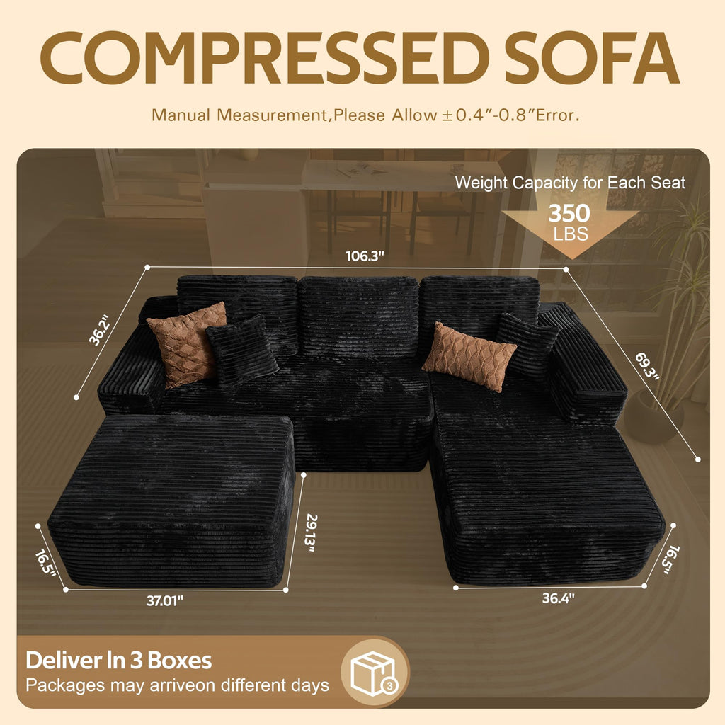 104" L-Shape Modular Sectional Sofa Couch,Comfy Upholstered Cloud Couch for Living Room,Modern Minimalist Couches,Deep Seat,No Assembly Required (Black,Plush Corduroy, Right Facing Chaise w/Ottoman)