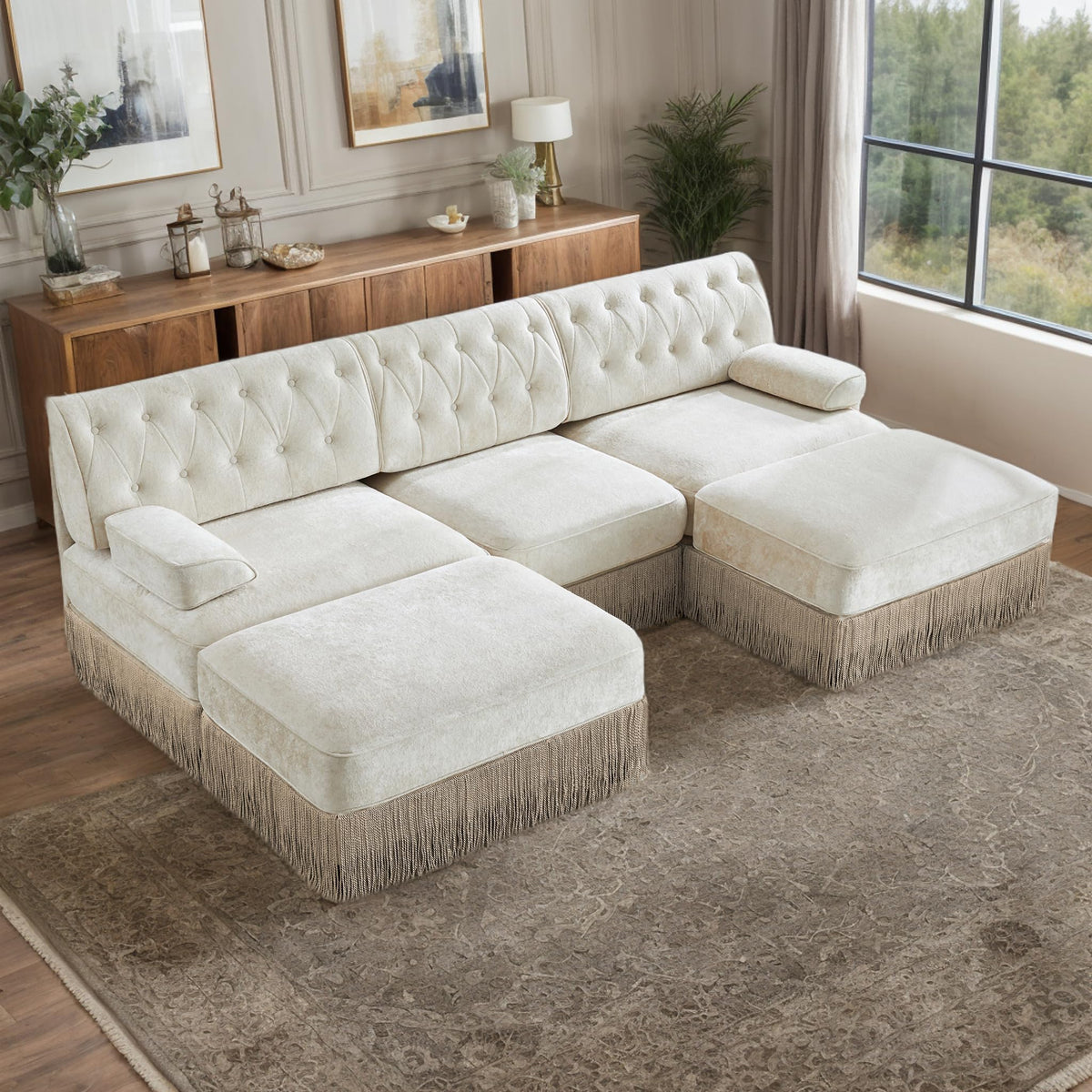106'' Modern Chesterfield Style 3-Seater Sofa with 2 Ottoman, Upholstered Velvet Modular Sectional Sofa with Button Tufted, U Shape Deep Seat Cloud Sectional Couches for Living Room (Green)