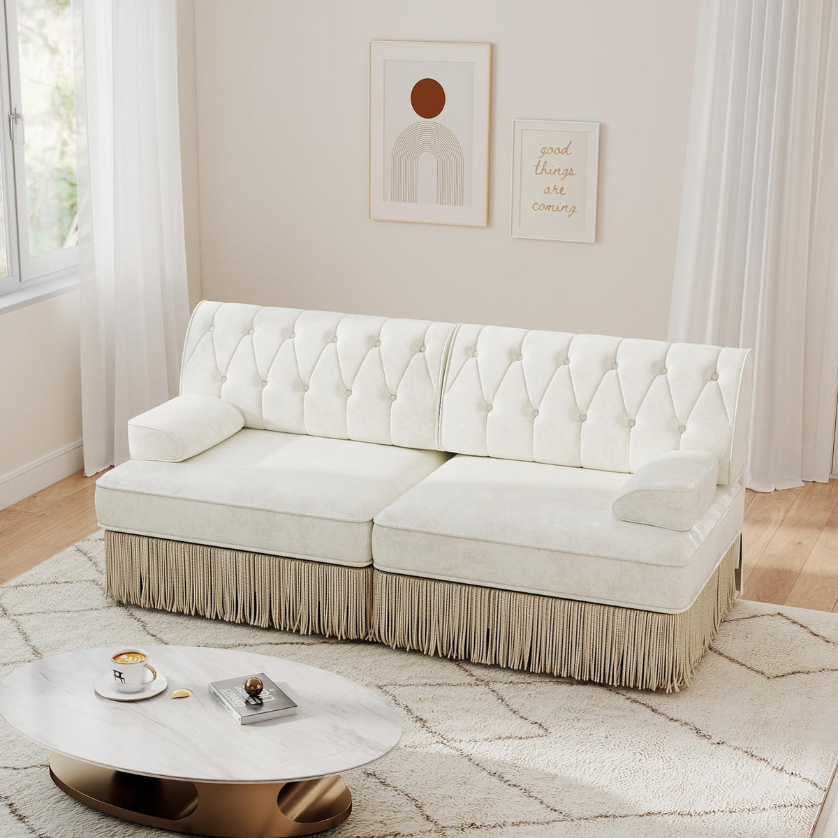 Unique Chesterfield Style Modular Sectional Sofa, 135.6” L-shaped Boneless Sofa with Velvet Fabric, Floor-grazing Tassel Fringe Skirt and Button Tufted Design for Living Room, Easy to Assemble, Beige