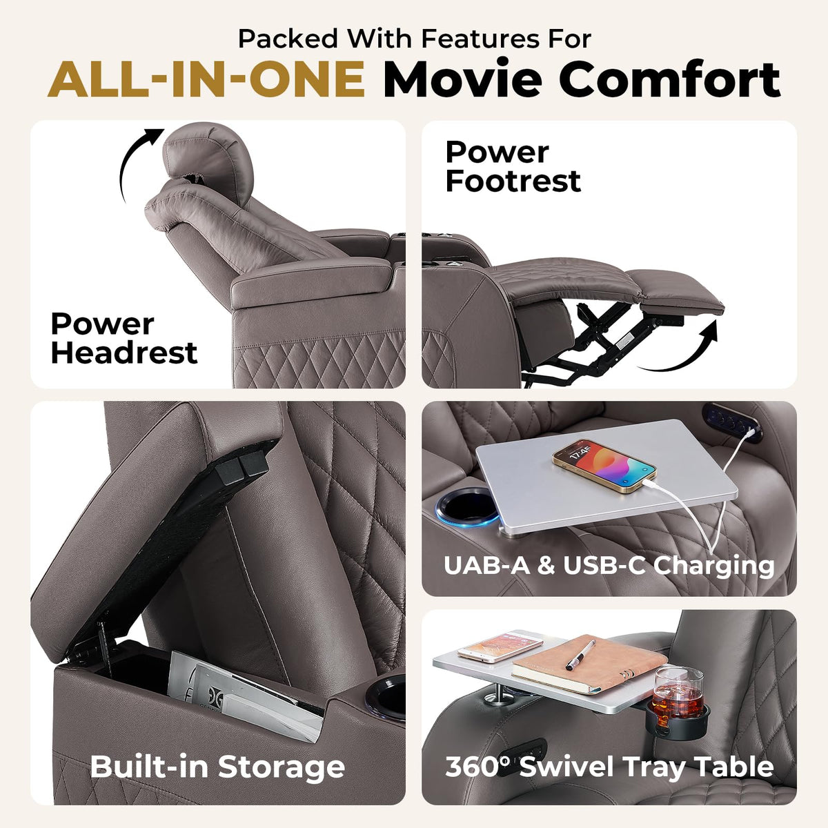 Weilianda Power Reclining Sofa for Living Room, Grey