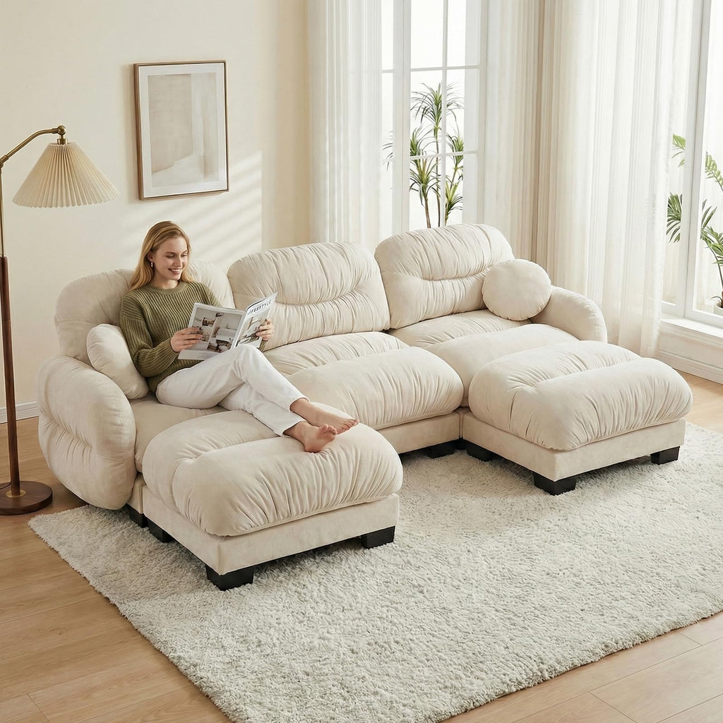 116" U Sectional Couches for Living Room, 3 Seater Modular Couch with 2 Ottoman, Cloud Sofa with Soft Chenille Fabric, High-Density Foam Cushion, Living Room Furniture, Beige