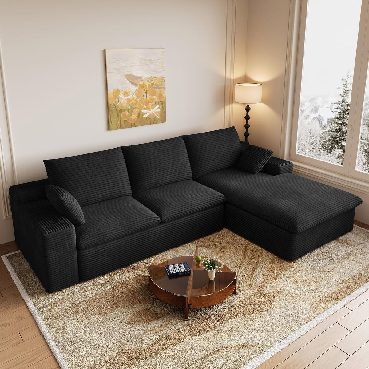 107" Cloud Couch Modular Sectional Couchs with Chaise Lounge, U-Shape Boneless Couches with Ottoman for Living Room, Corduroy Sofa with Deep Seat, No Assembly Required (Green, Left Facing Chaise)