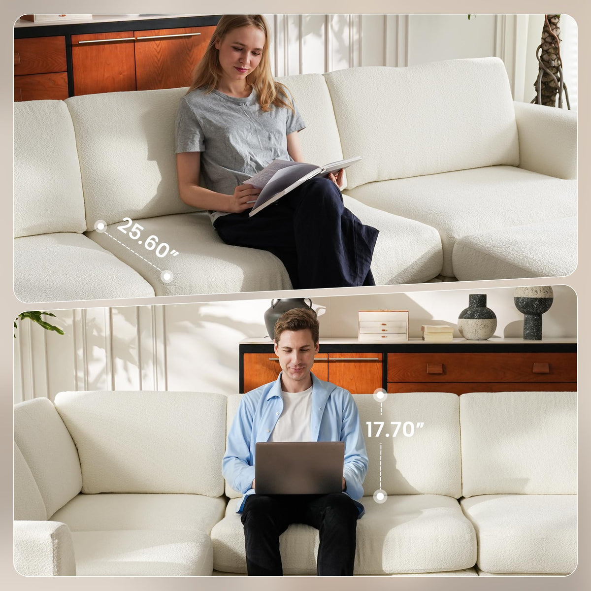 WJShome Modular Sectional Couches, V-Shaped Cloud Couch with Ottoman, High Density Sponge Cushion Sleeper Sofa Bed, Wooden Frame, Sherpa Fabric Sofa Furniture for Living Room, Apartment, White