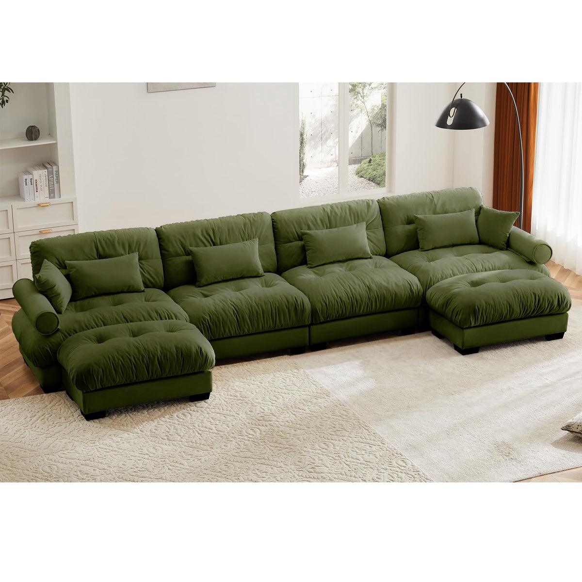 130" Modular Sectional Sofa,Velvet Upholstered Couches for Living Room,3 Seater Green Sofa Couch with Movable Ottoman,Big Comfy Loveseat Sofa with Deep Seats for Living Room,Apartment,Bedroom