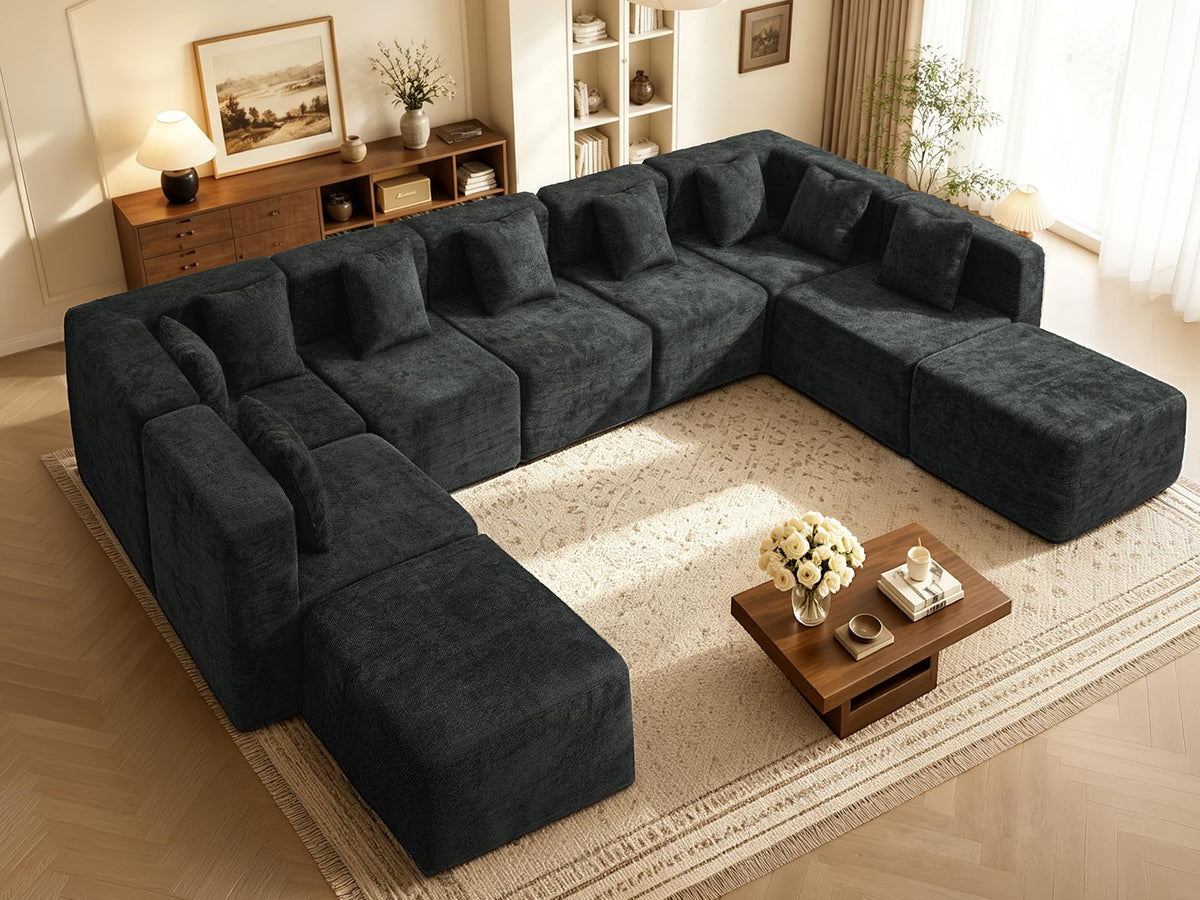 103" Three-Layer Sponge Boneless Couch sectional for Living Room Modular sectional Sofa High-Back 4-Seater L-Shape Couch with Ottoman Memory Foam Waterproof Chenille Black