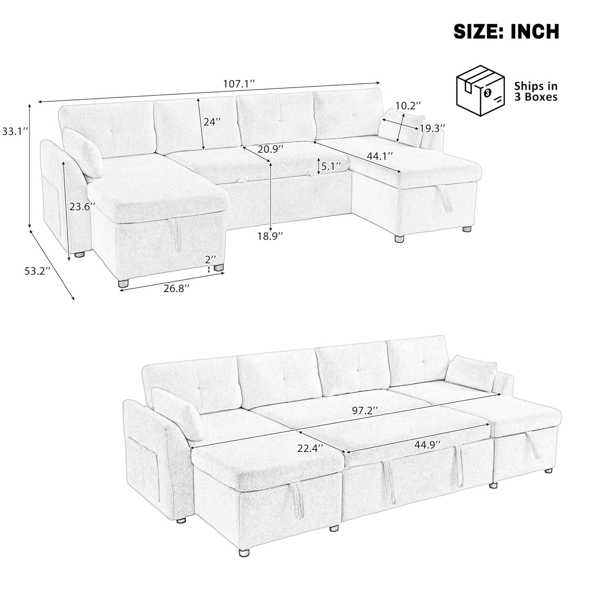 107" U-Shaped Pull-Out Couch Sectional Sofa Bed with USB Charging, Green