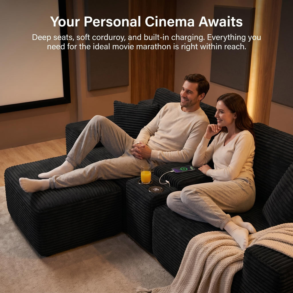 111" L Shape Boneless Couch with Cup Holders & USB Ports, 3 Seater Sectional Modular Couch with Storage Ottoman, Compressed Sofa Boneless Loveseat with for Living Room & Apartment, Jet Black