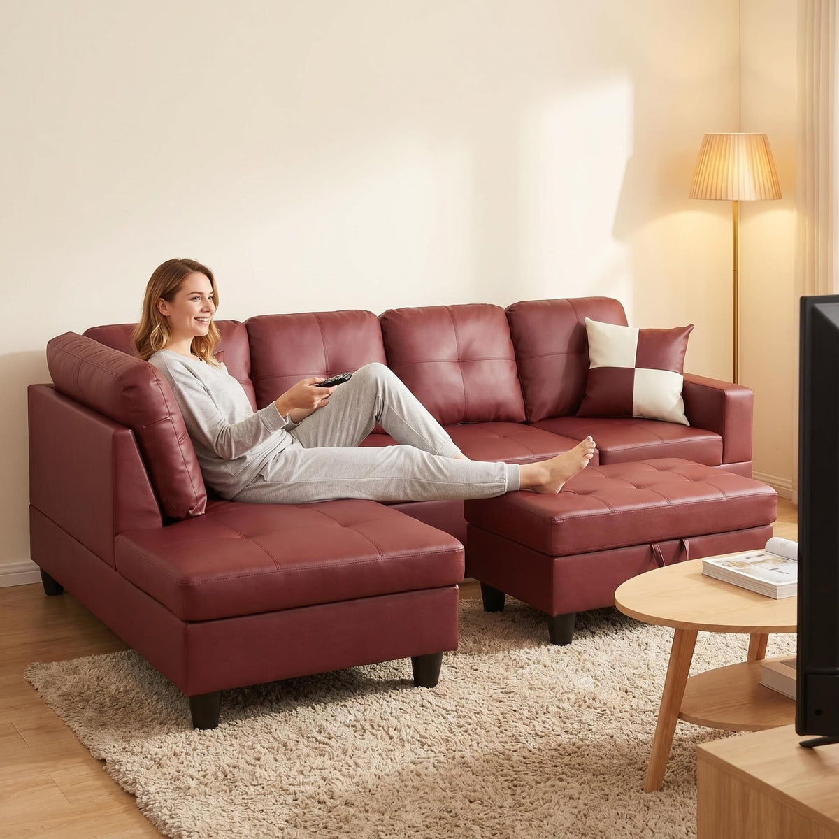 103.5" Sectional Couch with Movable Ottoman, L Shaped 4 Seater PU Faux Leather Sofa w/Chaise Lounge, Comfy Modern Modular Couch for Living Room, Apartment, White Stripes, Right, 3PCS