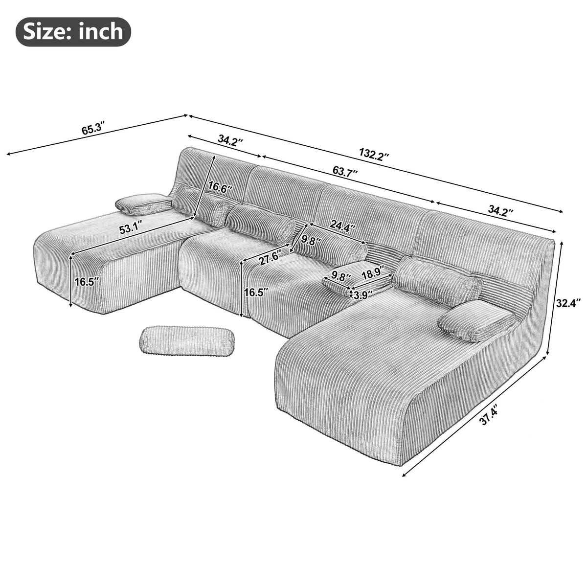 132" U-Shaped Cloud Sectional Couch Oversized Compressed Boneless Modular Sectional Sofa with Lumbar Pillow and 2 Chaise Loungers, Plush Corduroy Boneless Symmetrical Sofa