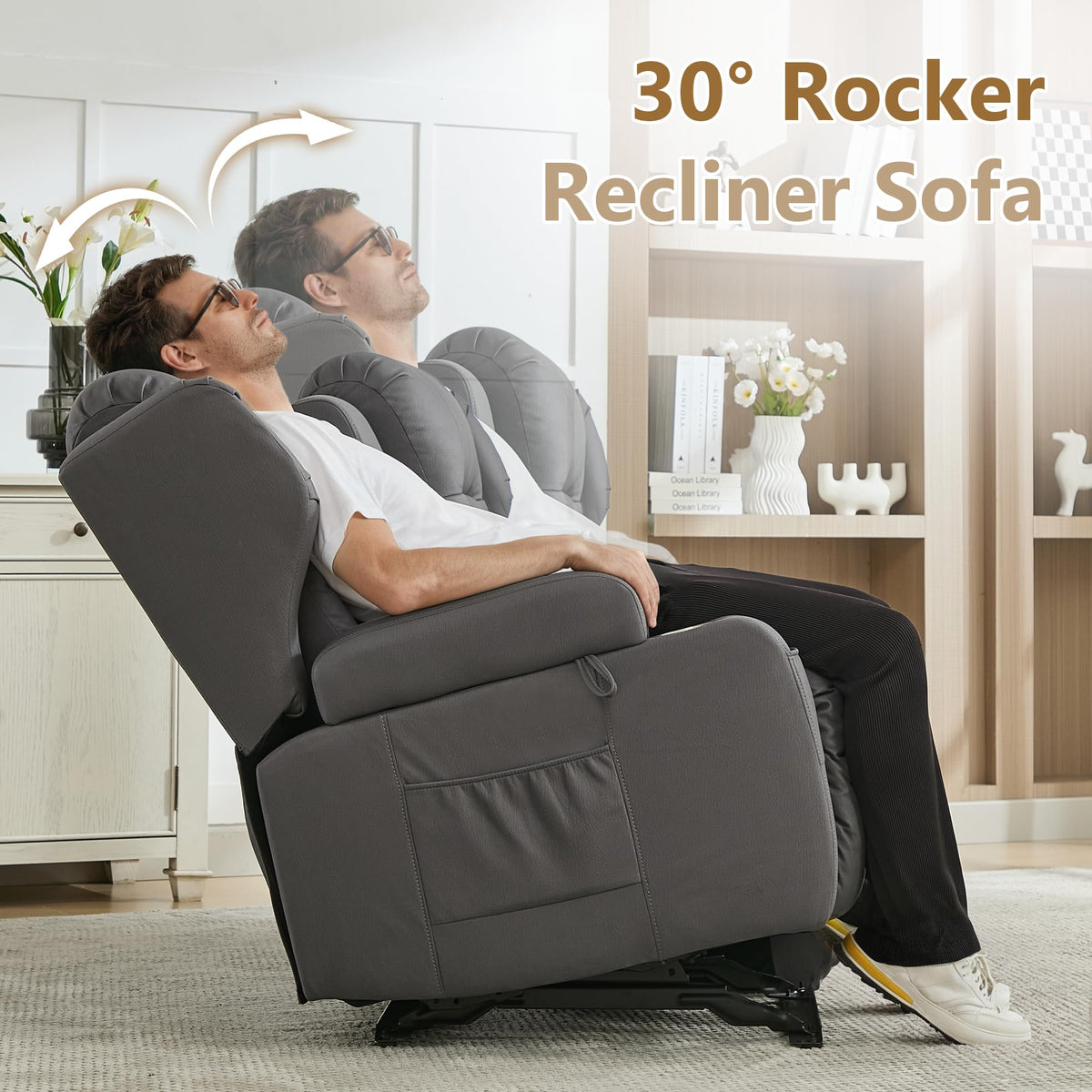 URRED Manual Loveseat Rocker Recliner Sofa with Console，Dark Gray