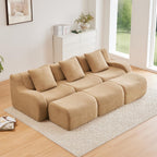 Three-Seat Boneless Sofa Teddy Fabric, No Assembly Required, Ergonomic Design, Camel