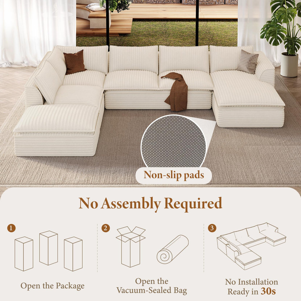 Vesgantti 141.7" Boneless Sectional Sofa with Chaise, 7 Seater Couch, Beige
