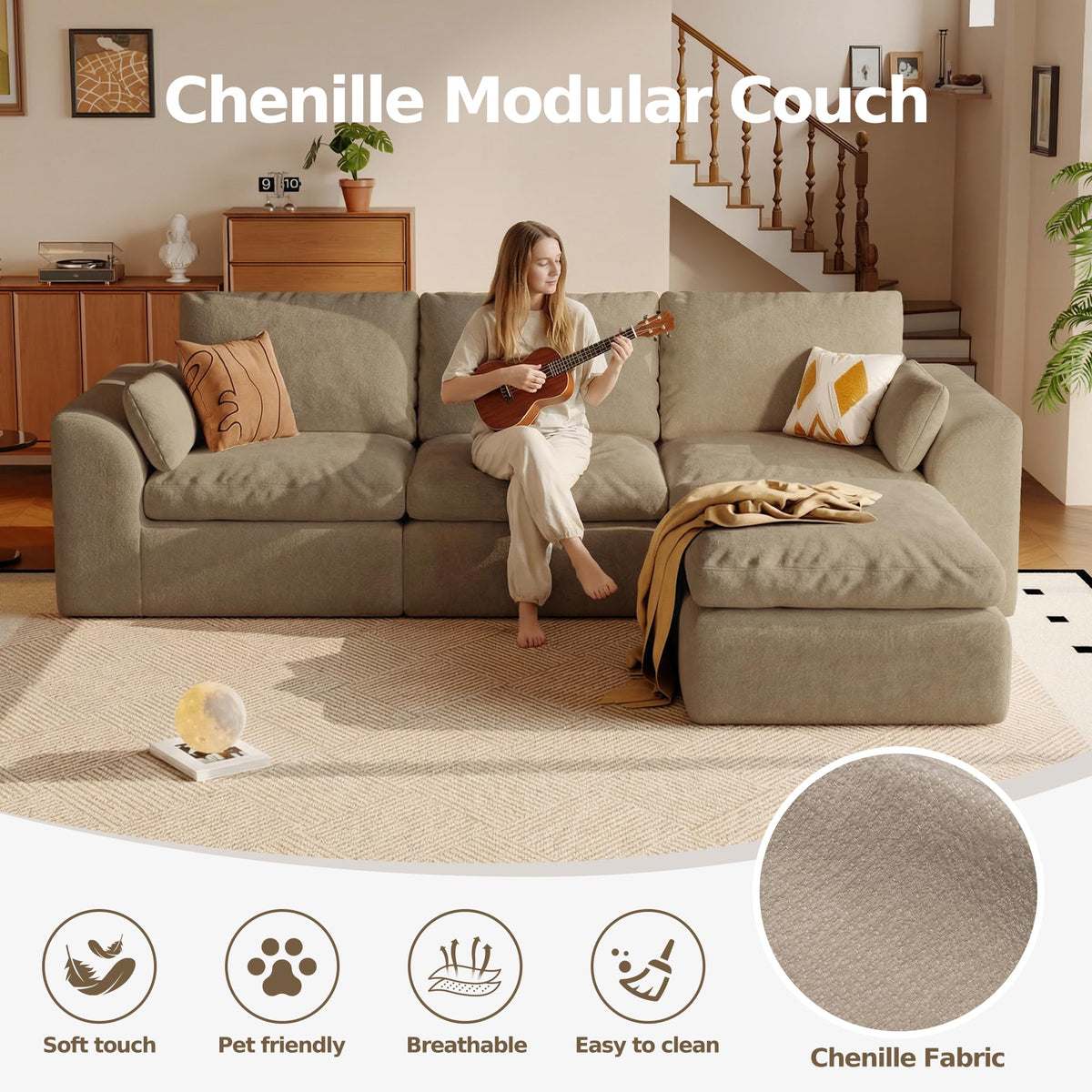 108" Boneless L-Shape Modular Cloud Sectional Sofa with Ottoman