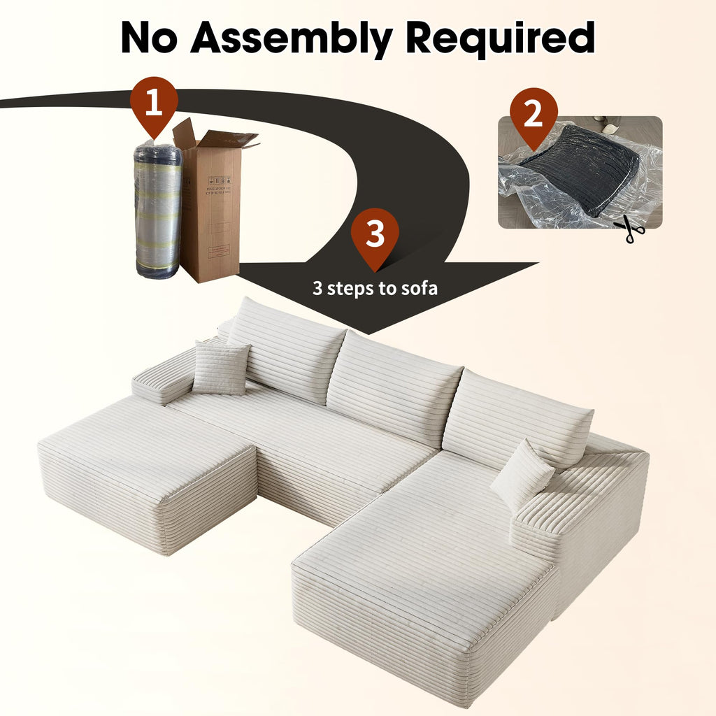 107" Plush Corduroy Deep Seat Chaise Lounge Indoo, Modern Boneless Compressed Floor Sectional Sofa with High-Resilience Foam, Free Combination Modular Cloud Sectional Sofa for Living Room, White