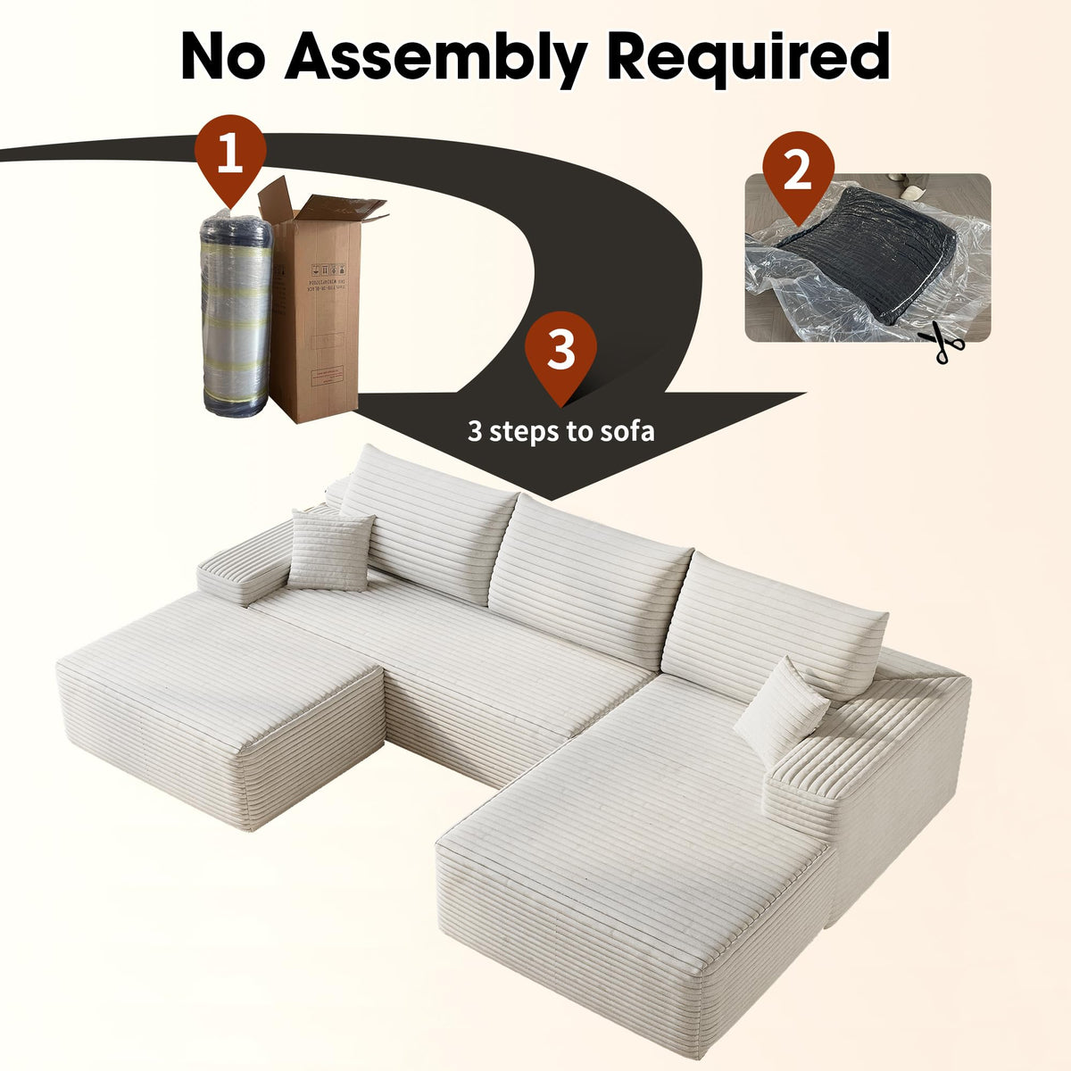 107" Plush Corduroy Deep Seat Chaise Lounge Indoo, Modern Boneless Compressed Floor Sectional Sofa with High-Resilience Foam, Free Combination Modular Cloud Sectional Sofa for Living Room, White
