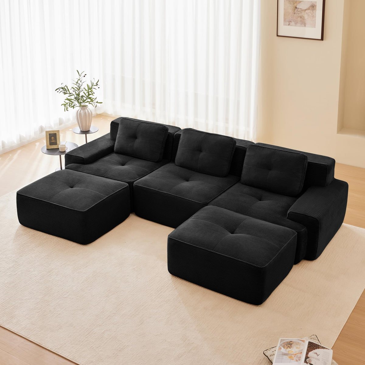 Tidyard 11? Modern U-Shaped Modular Sectional Sofa for Living Room, Corduroy Fabric 3-Seater with Deep Seat, Movable Ottoman, Pearl Piping, Tufted Design, No Assembly, Anti-Slip Base, Black