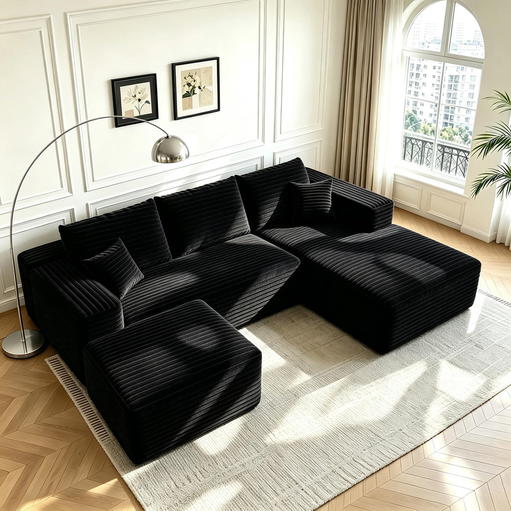 107" U-Shaped Cloud Sectional Couch with Ottoman for Living Room, Boneless Sofa, Compressed Sofa, No Assembly Required, Black Corduroy, Right Chaise