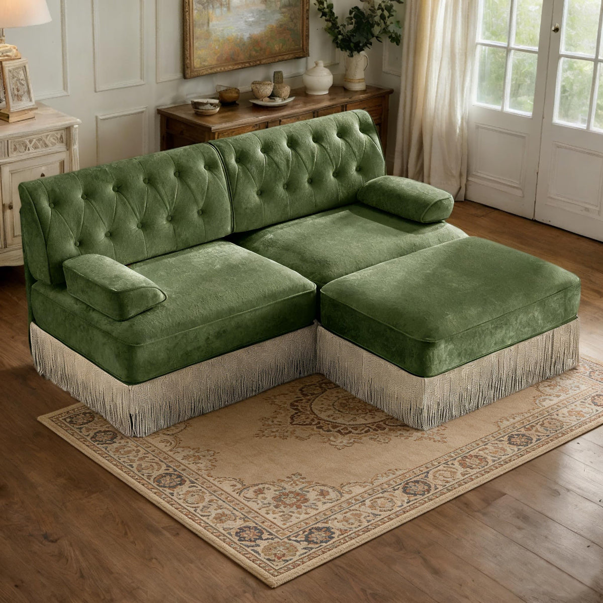 106'' Modern Chesterfield Style 3-Seater Sofa with 2 Ottoman, Upholstered Velvet Modular Sectional Sofa with Button Tufted, U Shape Deep Seat Cloud Sectional Couches for Living Room (Green)