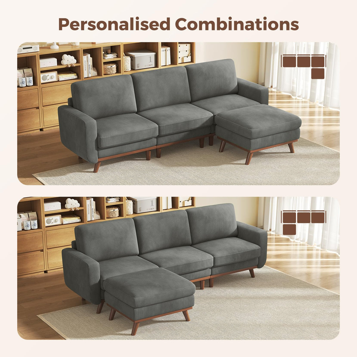 Vesgantti L-Shaped Modern Sofa, Modular Sectional Cloud Couch with Ottoman, Comfy Corduroy Deep Seat Sofa for Living Room, Bedroom and Apartment, Dark Gray