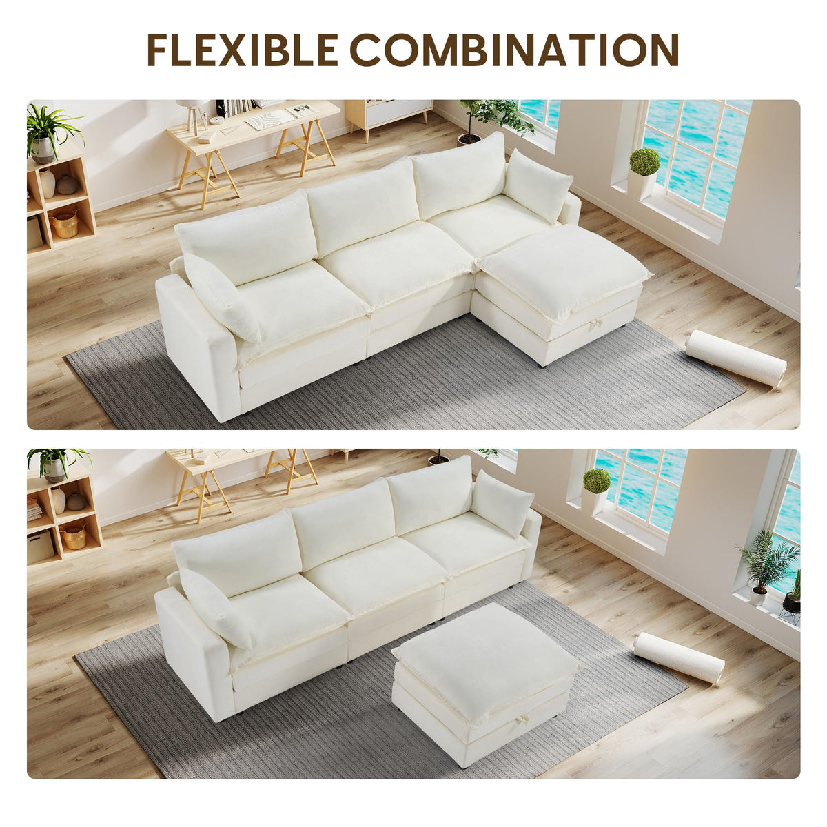 113" Modular Sectional Sofa, L Shaped Cloud Couch with Storage Ottoman