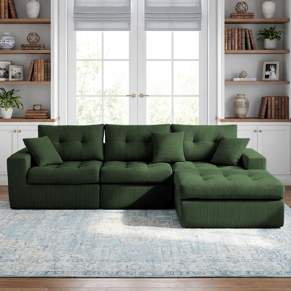 113" Oversized L-Shaped Modular Cloud Sofa Corduroy Upholstered Tufted Boneless Sectional with Deep Seat & Headrests, 4 PCS Compressed Boneless Couches with Movable Ottoman
