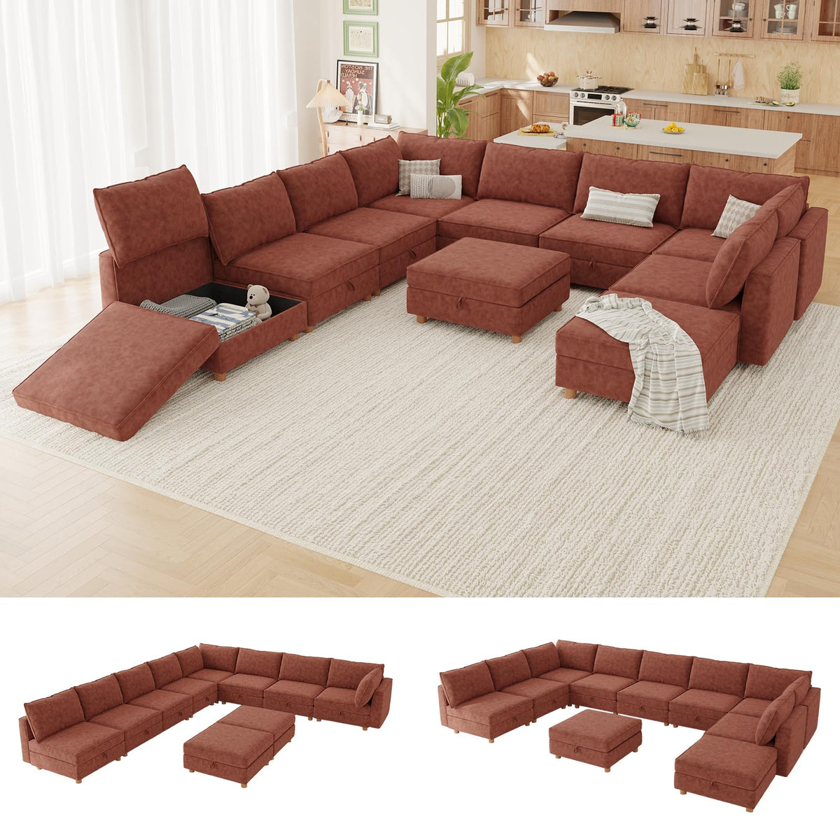 127'' Modular Sectional Sofa,FSC Certified 6 Seater Sectional Sofa,Chenille Couch with Removable Washable Covers,Modern Couch with Ottoman,U Shaped Couch with Storage,Beige Couches for Living Room