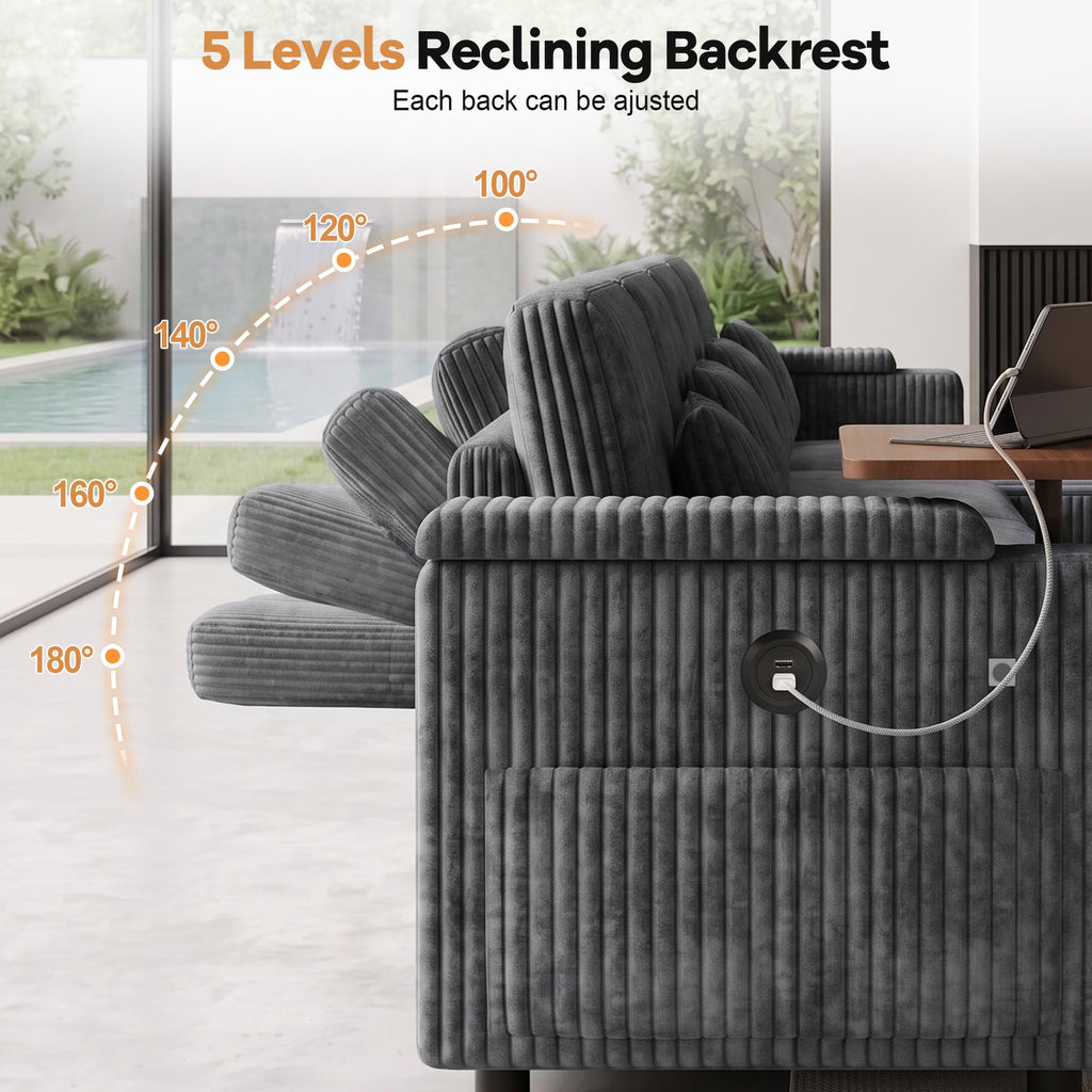 100" U Sectional Sleeper Sofa Pull Out Couch for Living Room, Grey