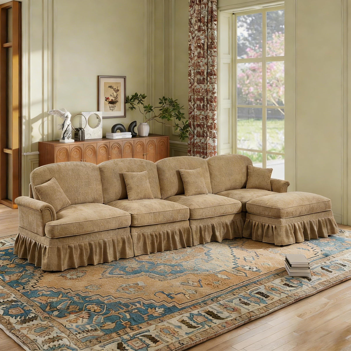 107'' Modern Sectional Sofa, Upholstered U-Shaped Couch with Removable Ruffles Pleats Skirts, Silver Chenille Cloud Couch, Ottoman, Flared Arms, 4-Seat Couches for Living Room, Bedroom, Camel