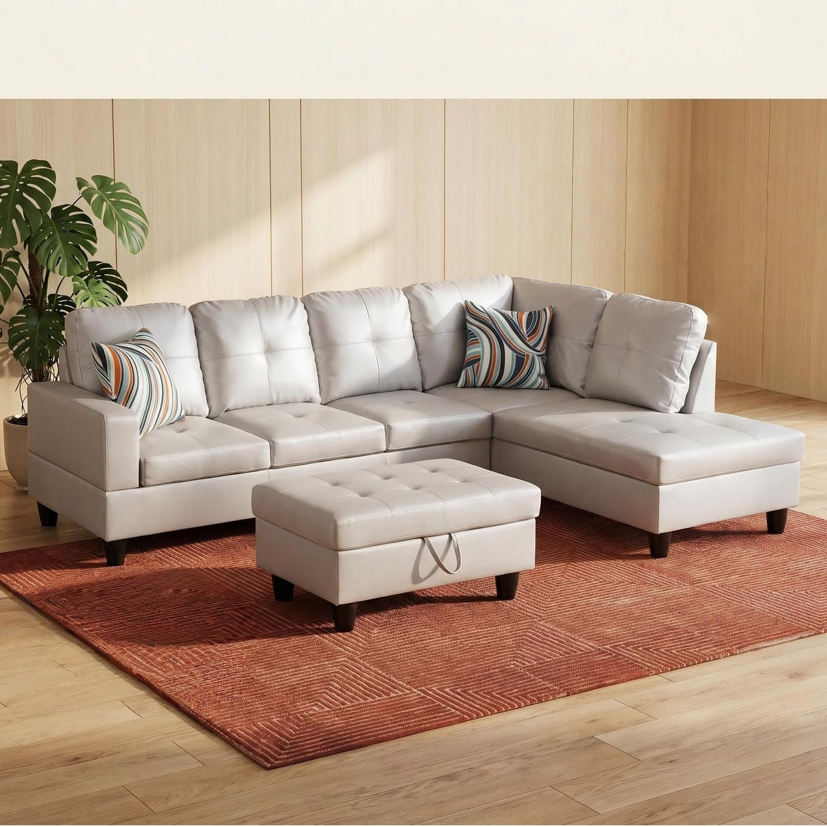 103.5" Sectional Couch with Movable Ottoman, L Shaped 4 Seater PU Faux Leather Sofa w/Chaise Lounge, Comfy Modern Modular Couch for Living Room, Apartment, White Stripes, Right, 3PCS
