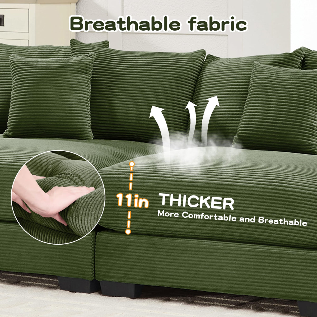 130" Oversized Cloud Modular Sectional Couch,Corduroy Fabric, 3 Seater Deep Seat Wide Armrests, with an Ottoman,Ergonomic Design, Easy Assembly for Lounges Living Room,Green AC360