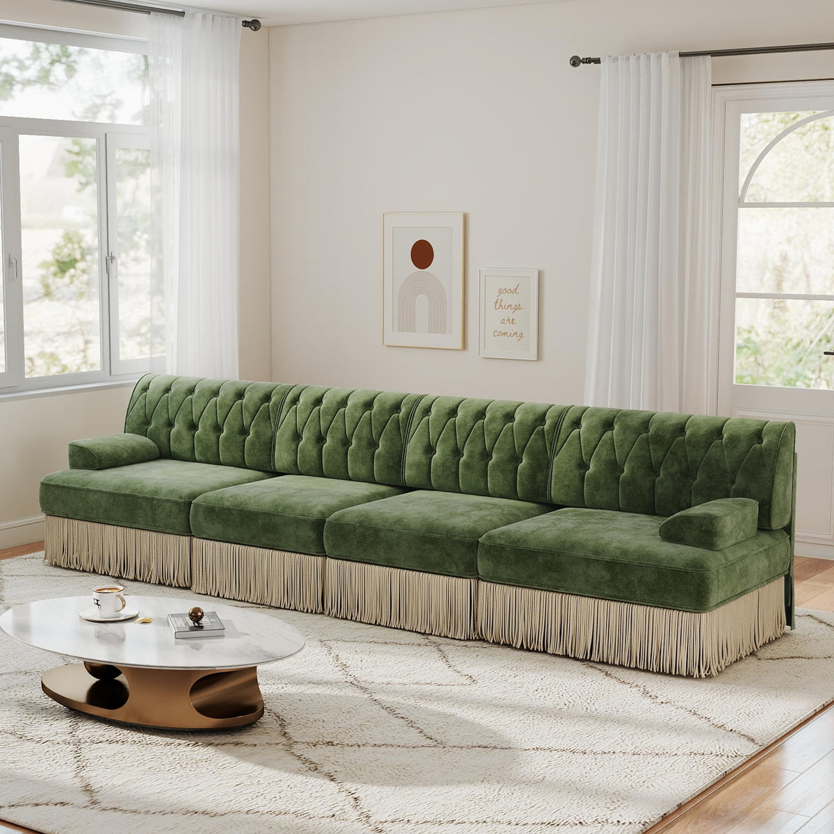 Unique Chesterfield Style Modular Sectional Sofa, 135.6” L-shaped Boneless Sofa with Velvet Fabric, Floor-grazing Tassel Fringe Skirt and Button Tufted Design for Living Room, Easy to Assemble, Beige