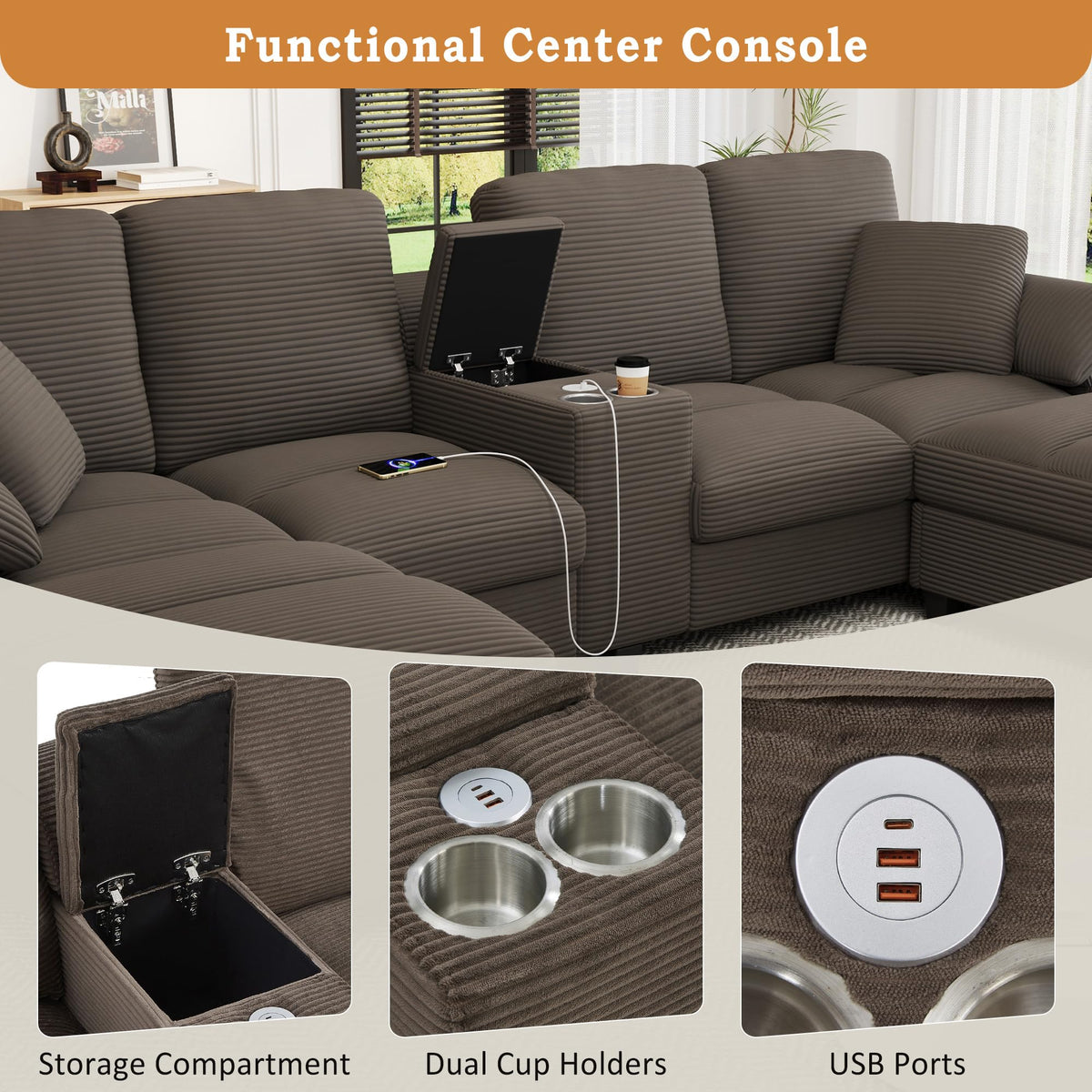 U Shaped Sofa 116.9" Sectional Sofa Corduroy Upholstered Sofa Couch with Storage Ottomans, Cup Holders and USB Ports for Living Room, Brown