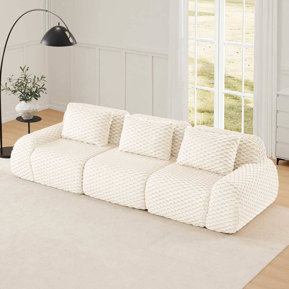 114" Modular Sectional Sofa for Living Room,Flannelette Fabric,Oversized 3 Seater Couch,Boneless Sofa,Deep Seat,Buckle Connection,Anti Slip Design,No Assembly,Cream