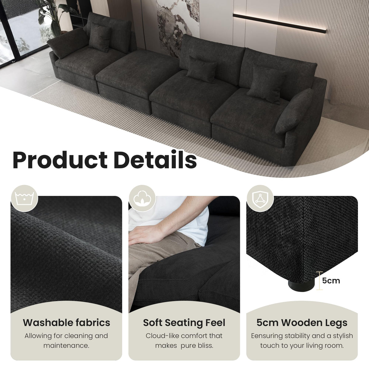 WJShome Cloud Modular Sectional Sofa Couch for Livingroom,119inch Down Filled L Shaped Couch with Wide Seat,Convertible Sectional Sofa with Ottoman,Covers Washable&Replaceable,Black