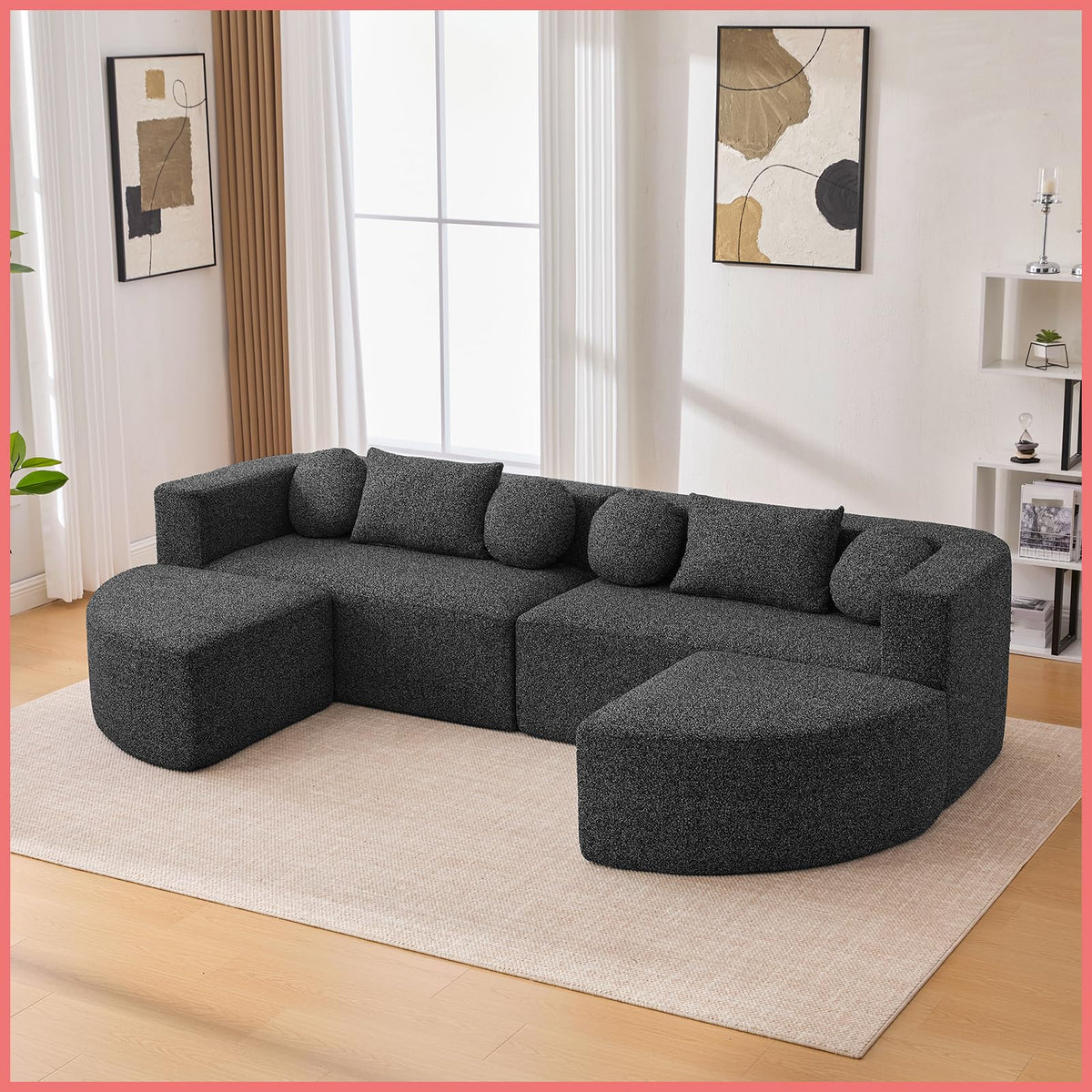 114.9" Modular Sectional Sofa with 4 Round Throw Pillows and 2 Bolster-Style Cushions Free-Combined Curved Design Boneless Bed Couch with Deep Seating for Living Room, Black