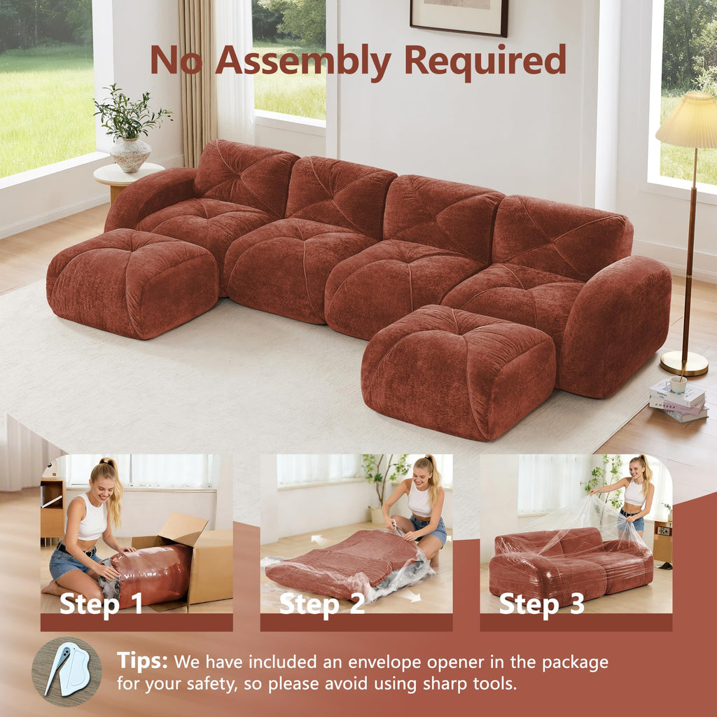 U Shaped Boneless Sofa,Tufted Design,32D High Density Sponge Bottom,Anti Slip Design,No Assembly Required,Free Combination,Movable Ottomans for Living Rooms,Home Theater,Red Brown