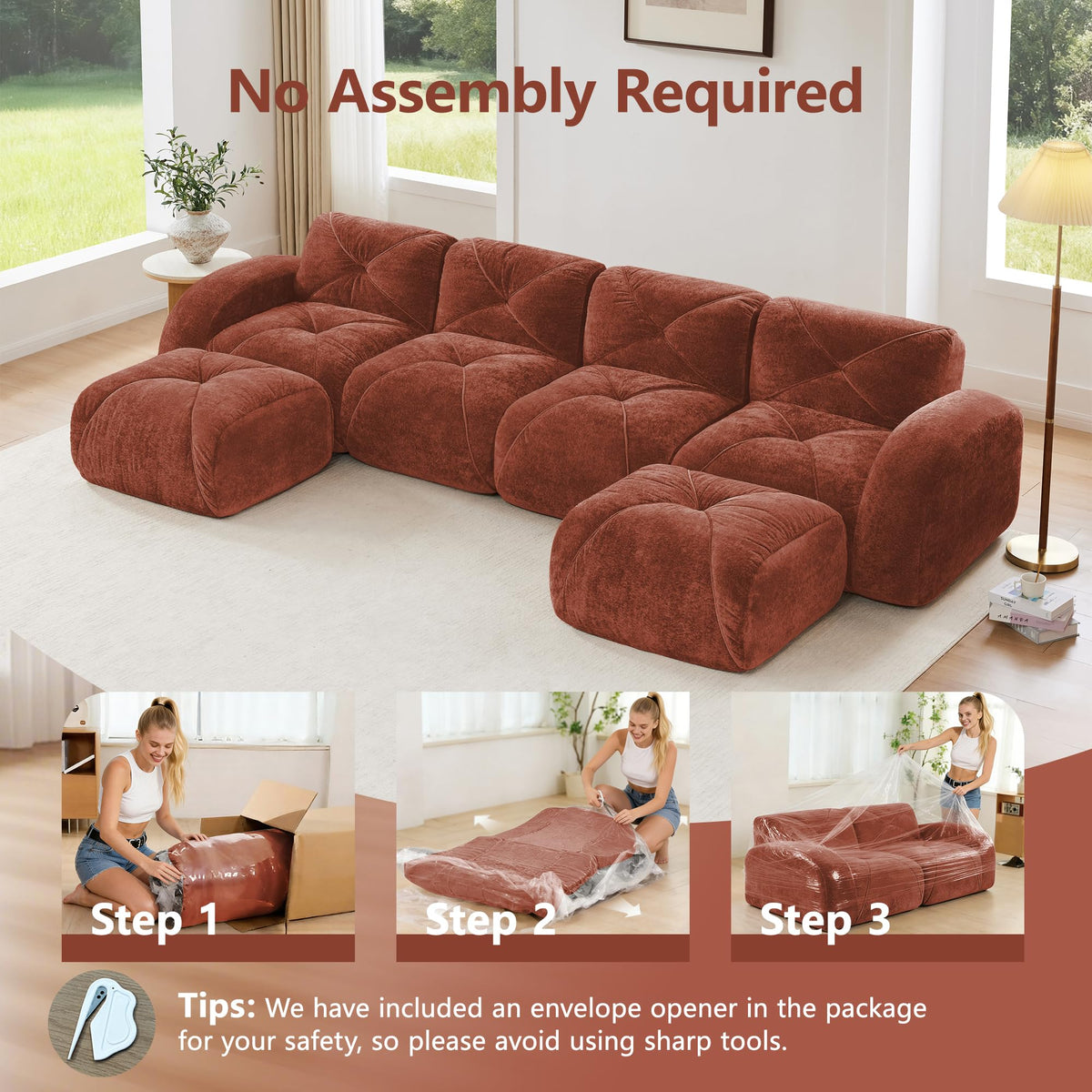 U Shaped Boneless Sofa,Tufted Design,32D High Density Sponge Bottom,Anti Slip Design,No Assembly Required,Free Combination,Movable Ottomans for Living Rooms,Home Theater,Red Brown