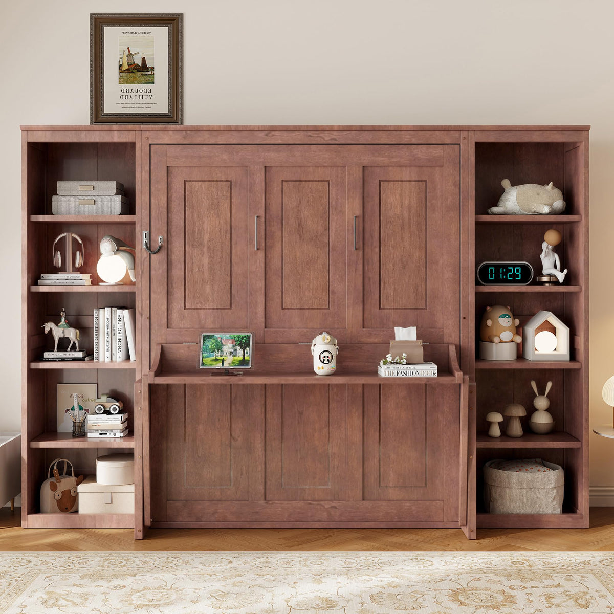 Wood Murphy Bed with Sofa, 4 Storage Shelves and USB Charging Station