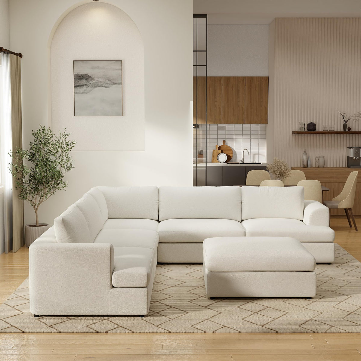 WJShome Modular Sectional Couches, V-Shaped Cloud Couch with Ottoman, High Density Sponge Cushion Sleeper Sofa Bed, Wooden Frame, Sherpa Fabric Sofa Furniture for Living Room, Apartment, White
